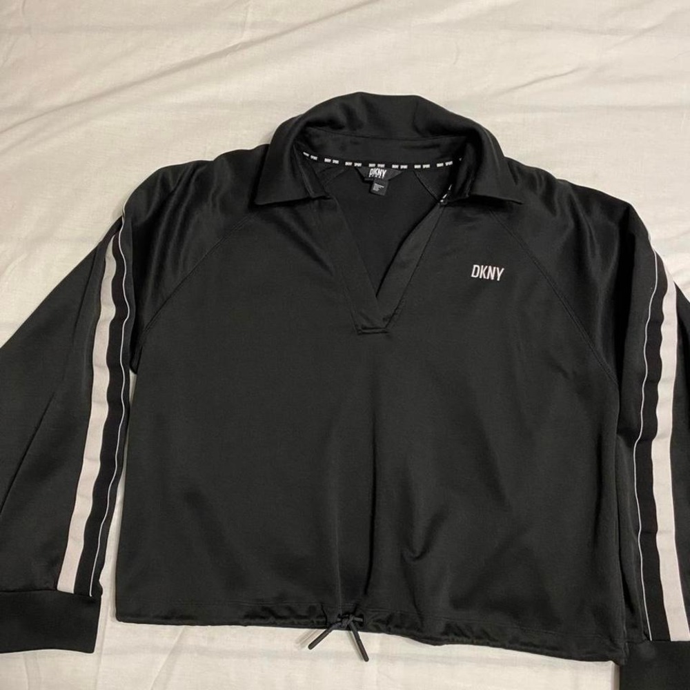 DKNY Striped Drawstring Hem V Neck Long Sleeve Sport Top Black White XL